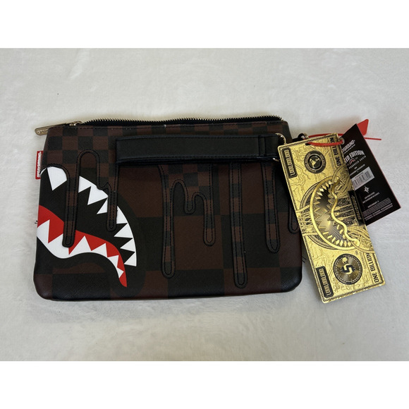 Sprayground Handbags - NEW Sprayground Sharks in Paris Drip Brown Checked Crossover Clutch BnftsCharity